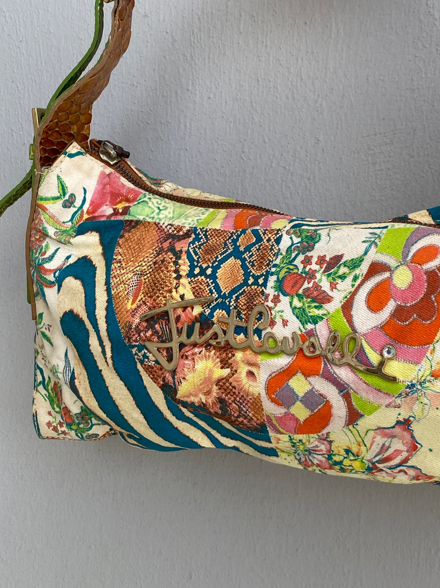 Statement Y2K Just Cavalli Graphic Print Canvas & Leather Shoulder Bag