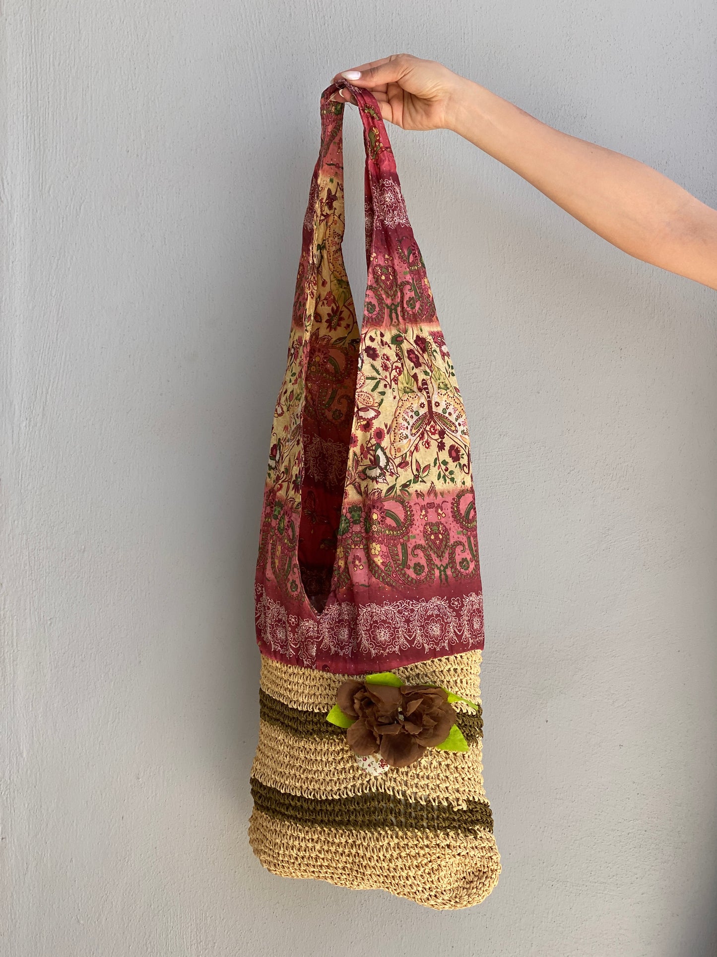Vintage Boho Patchwork Straw & Paisley Print Tote Bag Floral Detail Shoulder Bag