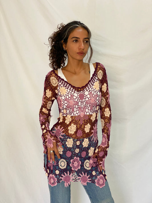 Y2K Floral Crochet Cover-Up Purple & Pink Festival Top – Free Size