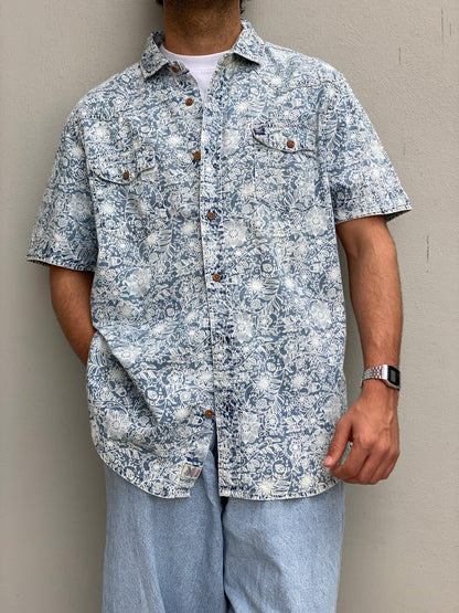 Vintage Petrol Industries Blue Floral Workwear Short Sleeve Men’s Shirt – 2XL