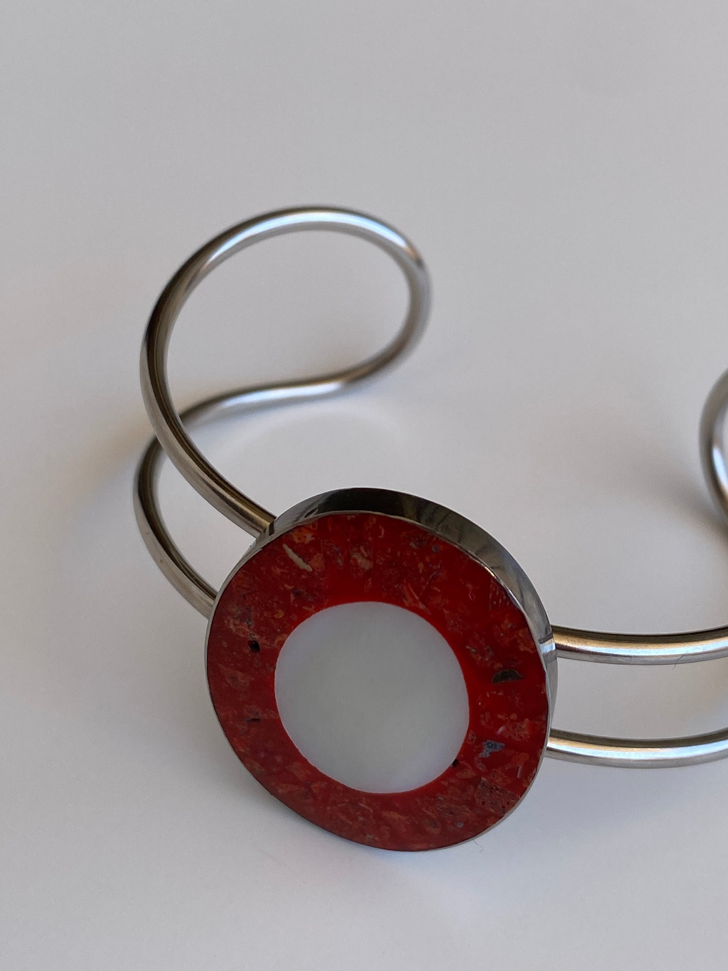Vintage Modernist Red Resin Inlay Silver-Tone Open Arm Cuff Bracelet