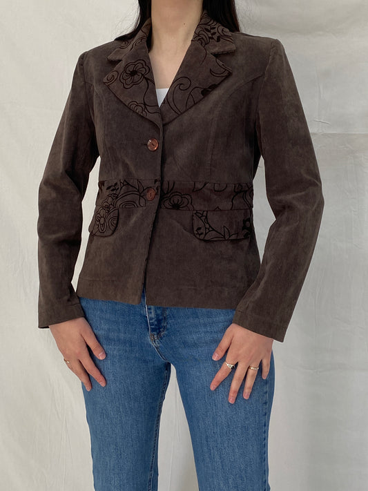 Vintage 90s Brown Textured Floral Blazer Jacket - M