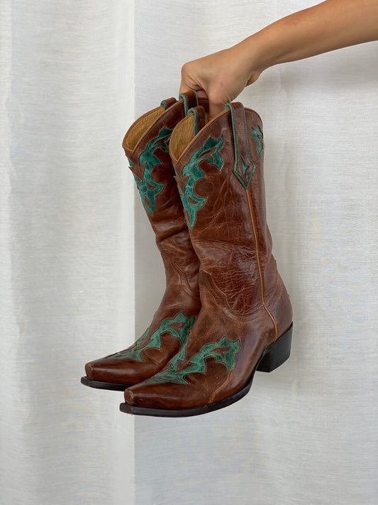 Vintage Yippee ki Yay Old Gringo Turquoise & Brown Genuine Leather Cowboy Boots - 39EUR