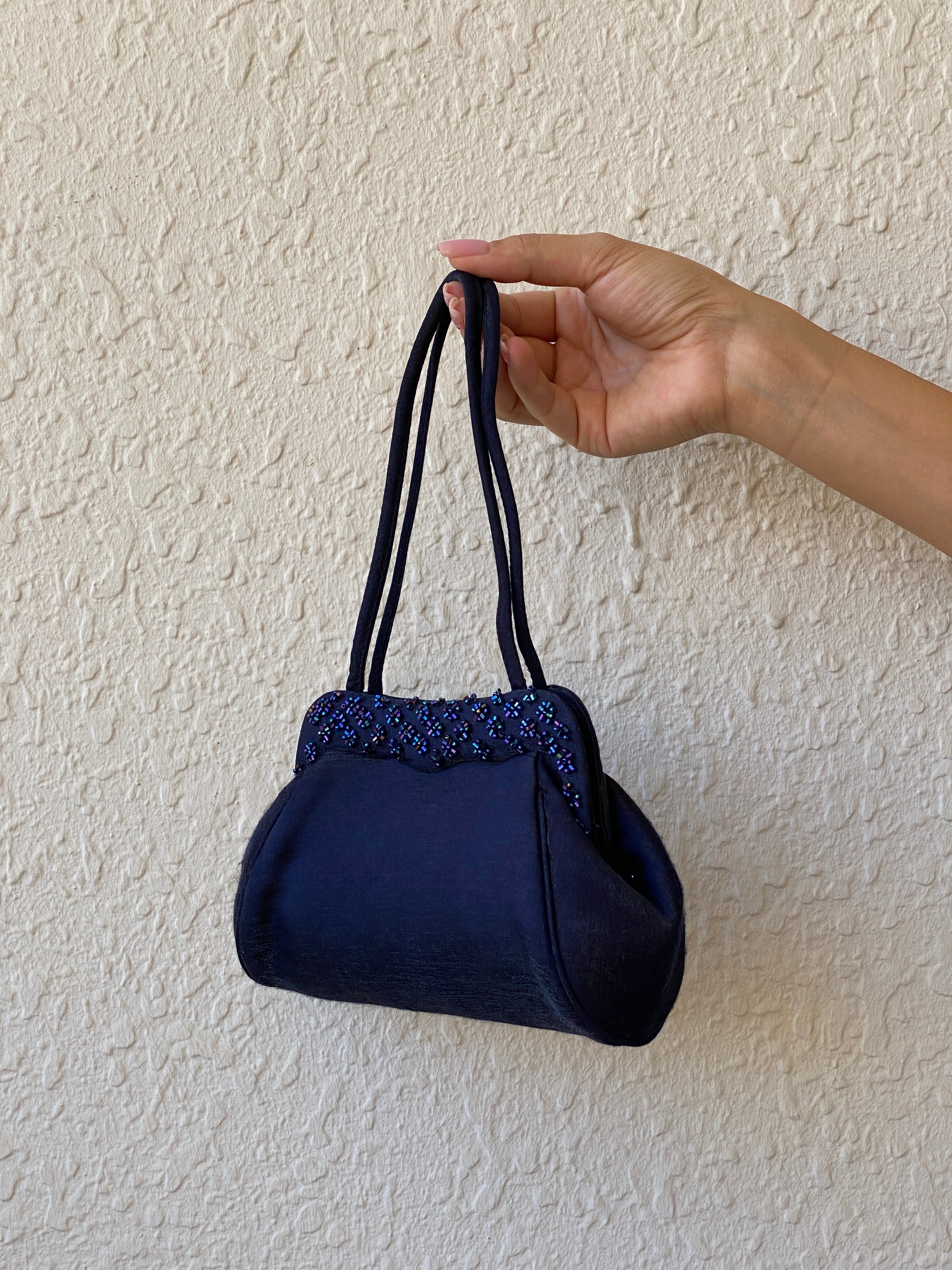 Vintage Handmade Sasha Navy Blue Beaded Mini Evening Purse