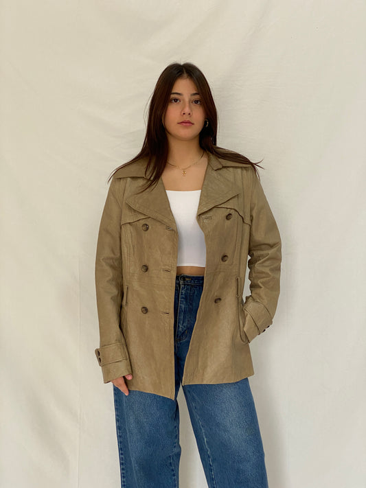 Vintage Plural Genuine Leather Olive Green Trench Style Jacket - L