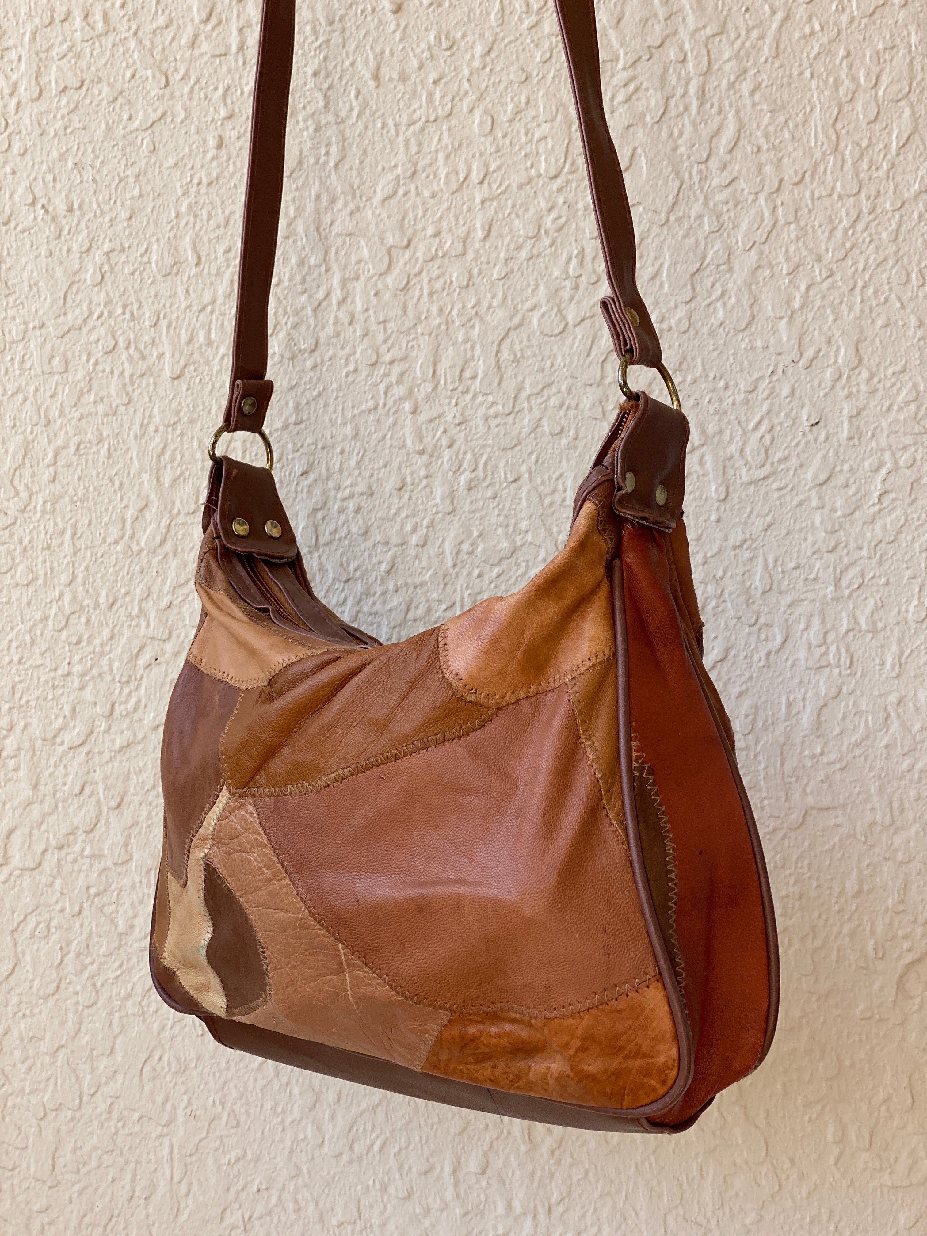 Vintage Brown & Tan Leather Purse Patchwork Crossbody Bag