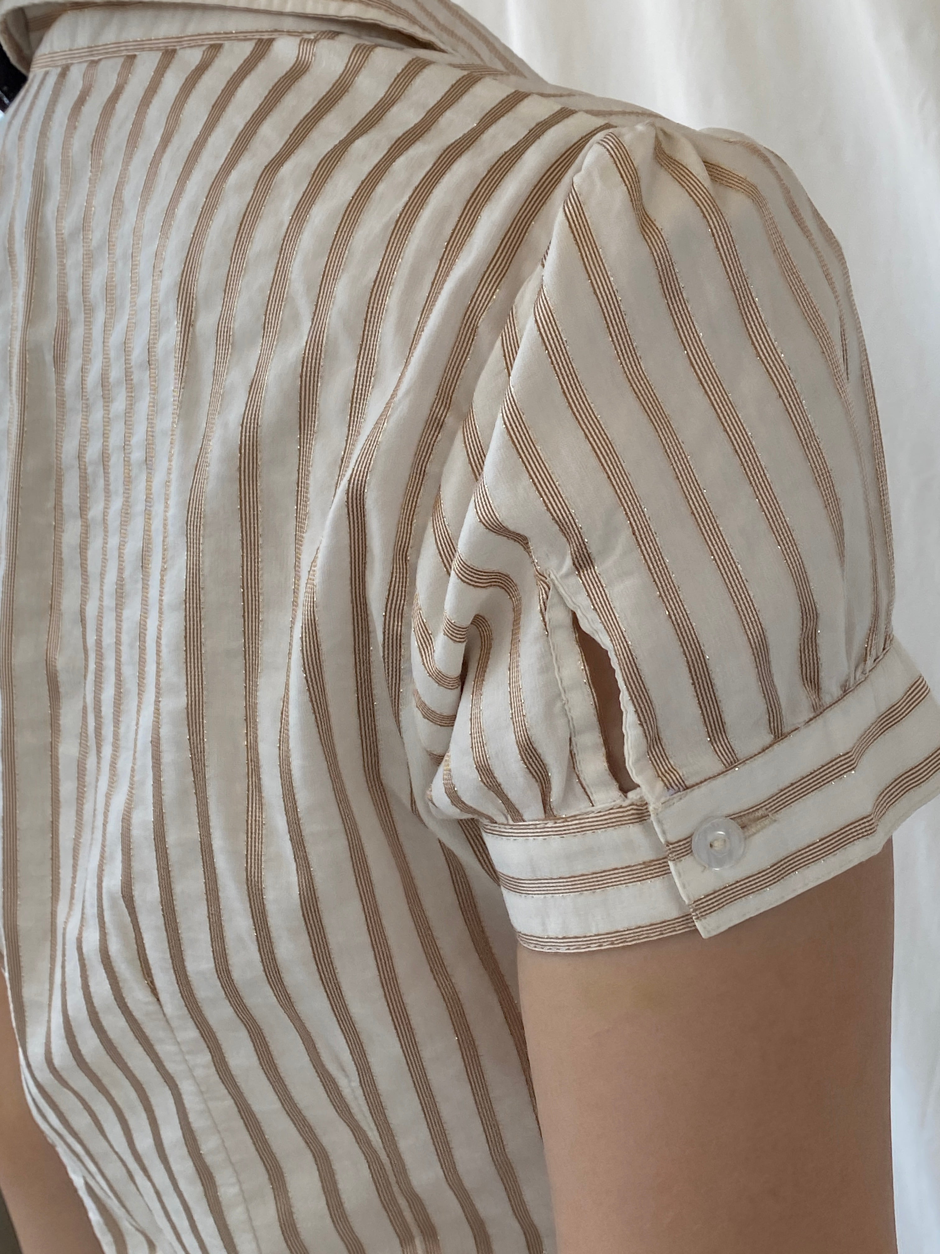 Vintage Y2K Naf Naf Beige White Gold Stitching Striped Officecore Shirt - M