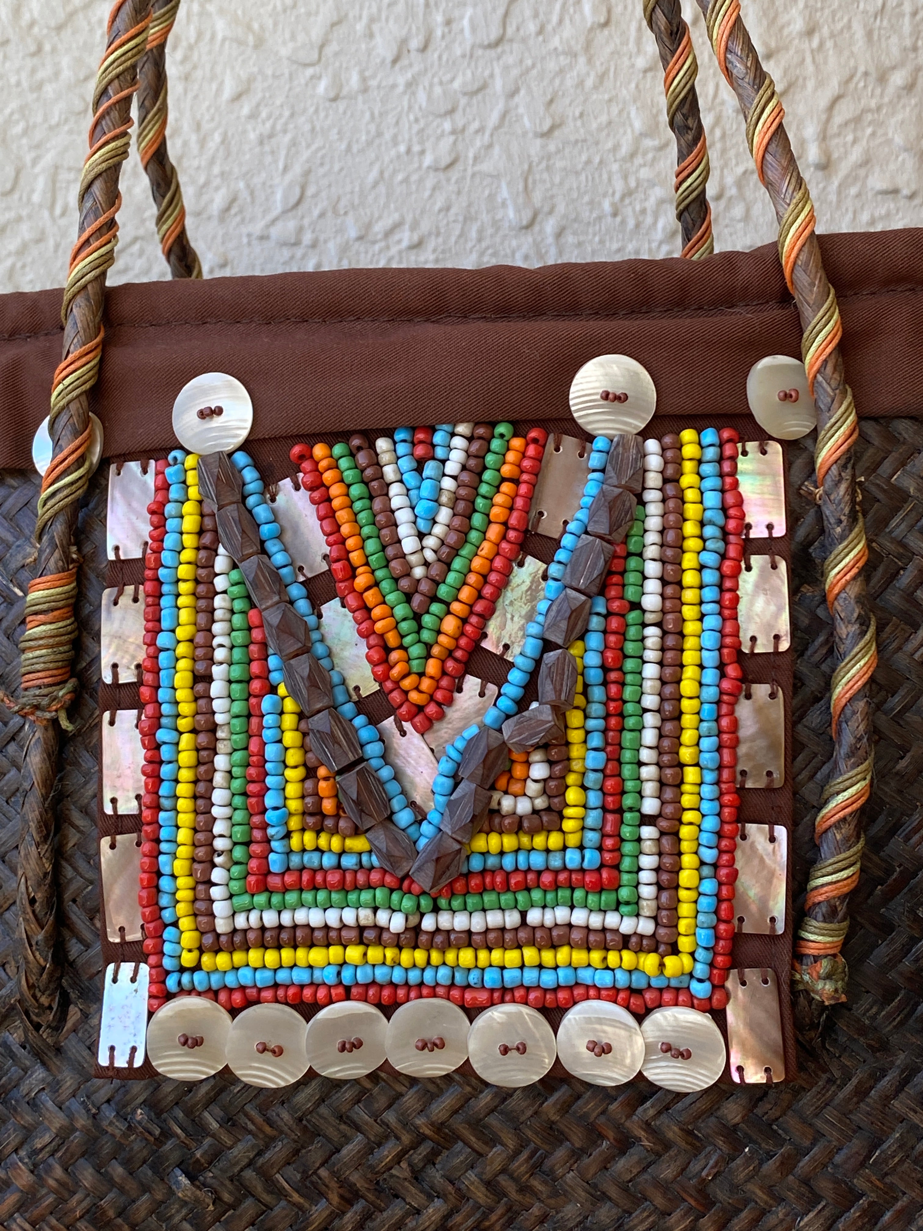 Vintage Handwoven Straw Beach Bag with Beaded Tribal Detail & Shell Accents