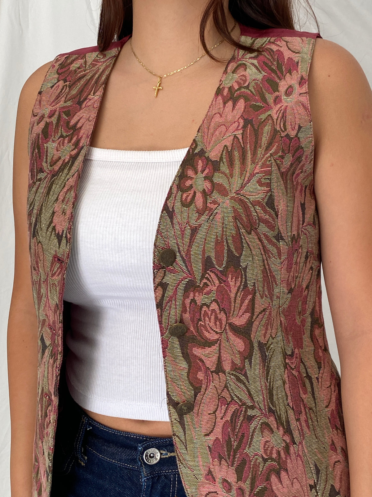 Vintage The Limited Floral Tapestry Vest Pink Button Front Waistcoat – S Vintage The Limited Floral Tapestry Vest Pink Button Front Waistcoat – S