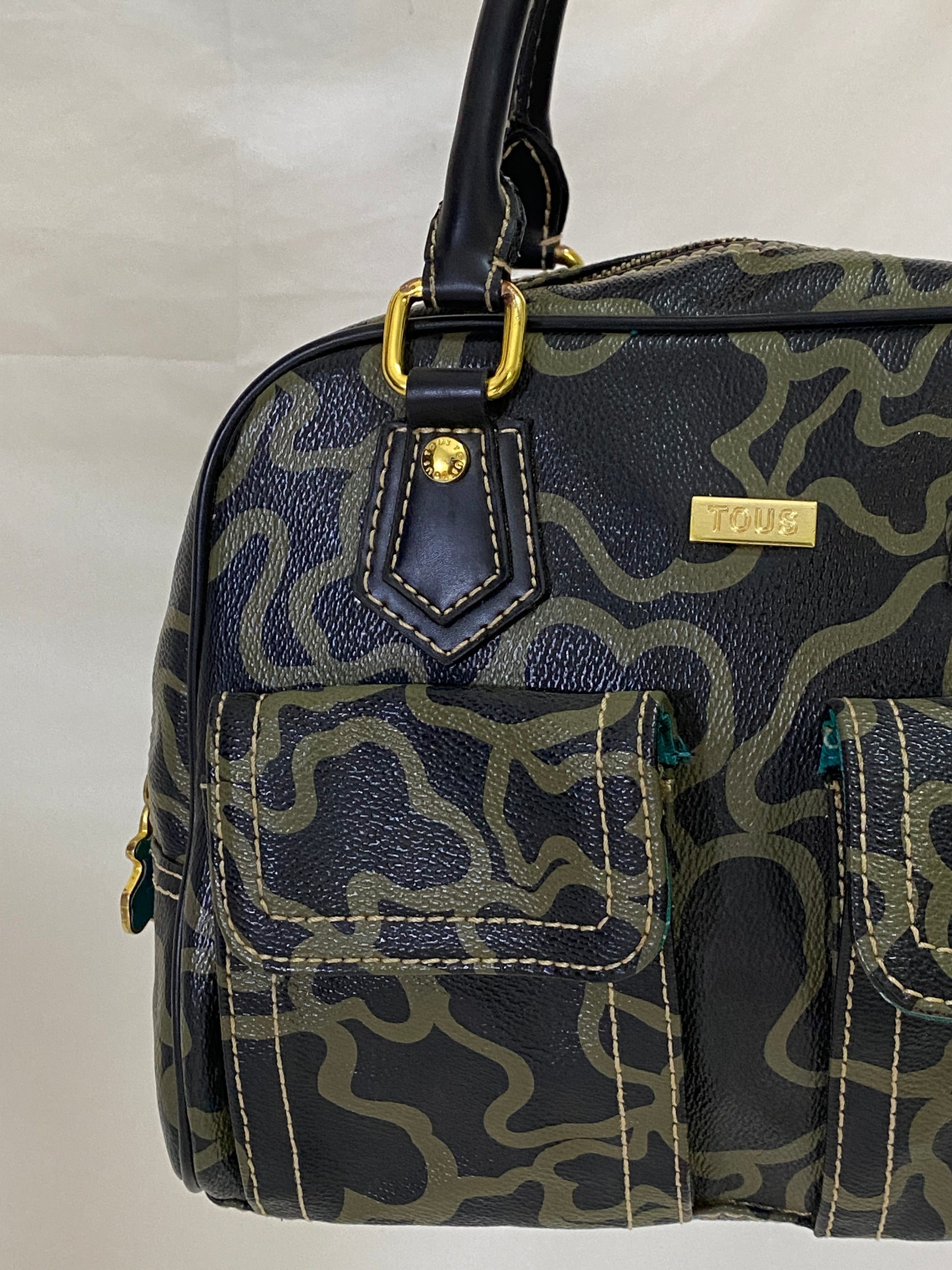 TOUS Kaos Monogram Satchel Bag Black Khaki Bear Logo Bowling Top Handle Purse TOUS Kaos Monogram Satchel Bag Black Khaki Bear Logo Bowling Top Handle Purse