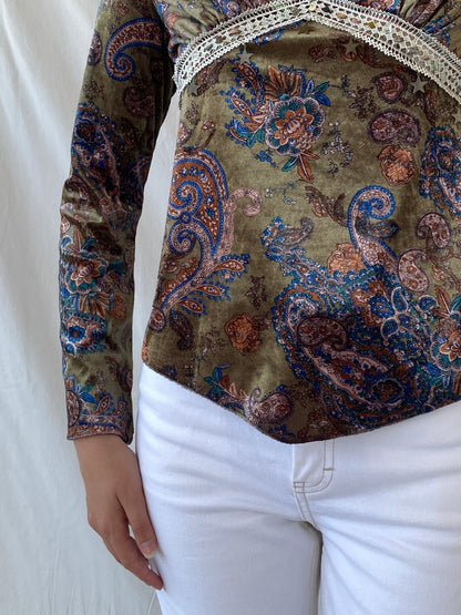Vintage KLIMAN Collection Green Velvet Paisley Print Beaded Boho Long Sleeve Women’s Top - L