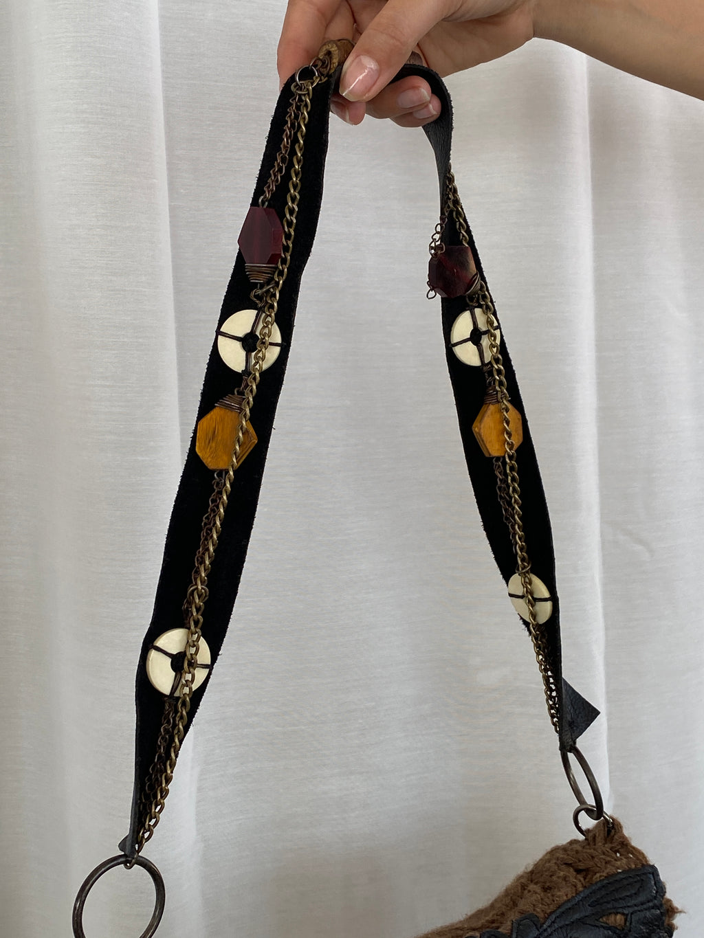 Y2K Chine Belgian Design Brown Crochet and Leather Shoulder Bag