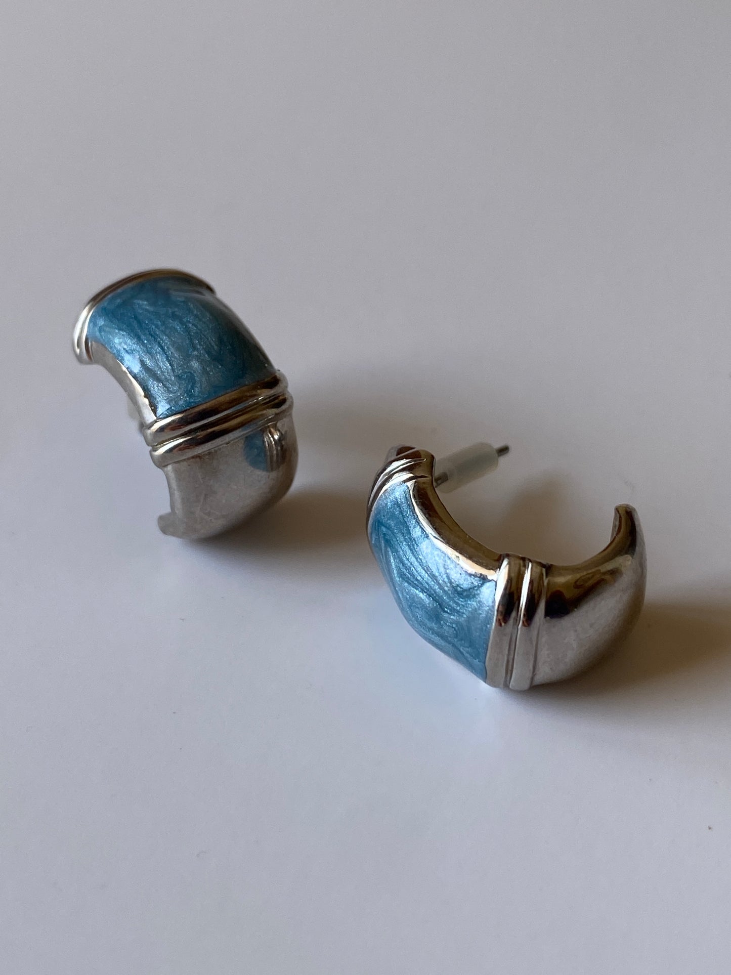 Vintage 1990s Blue Enamel Silver Tone Mini Stud Earrings