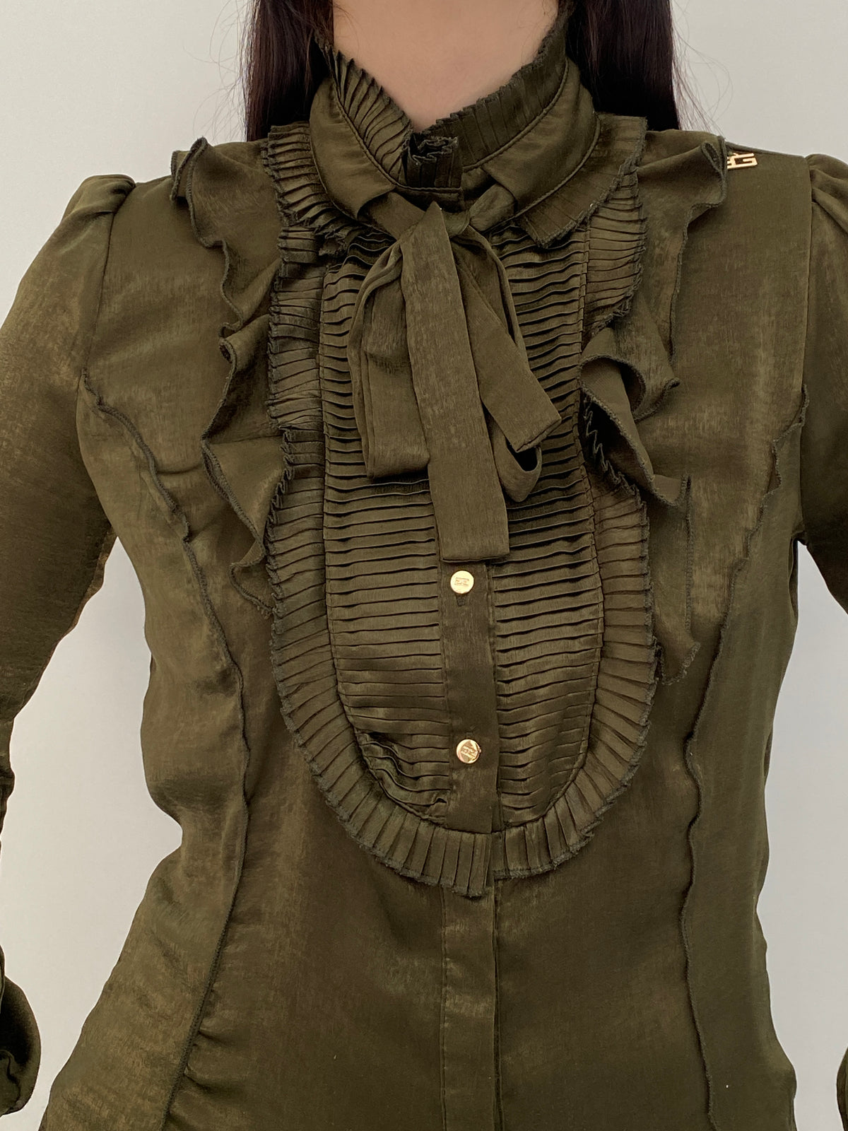 Goldie Estelle Olive Green Long Sleeve Shirt Ruffle Bow Blouse – M