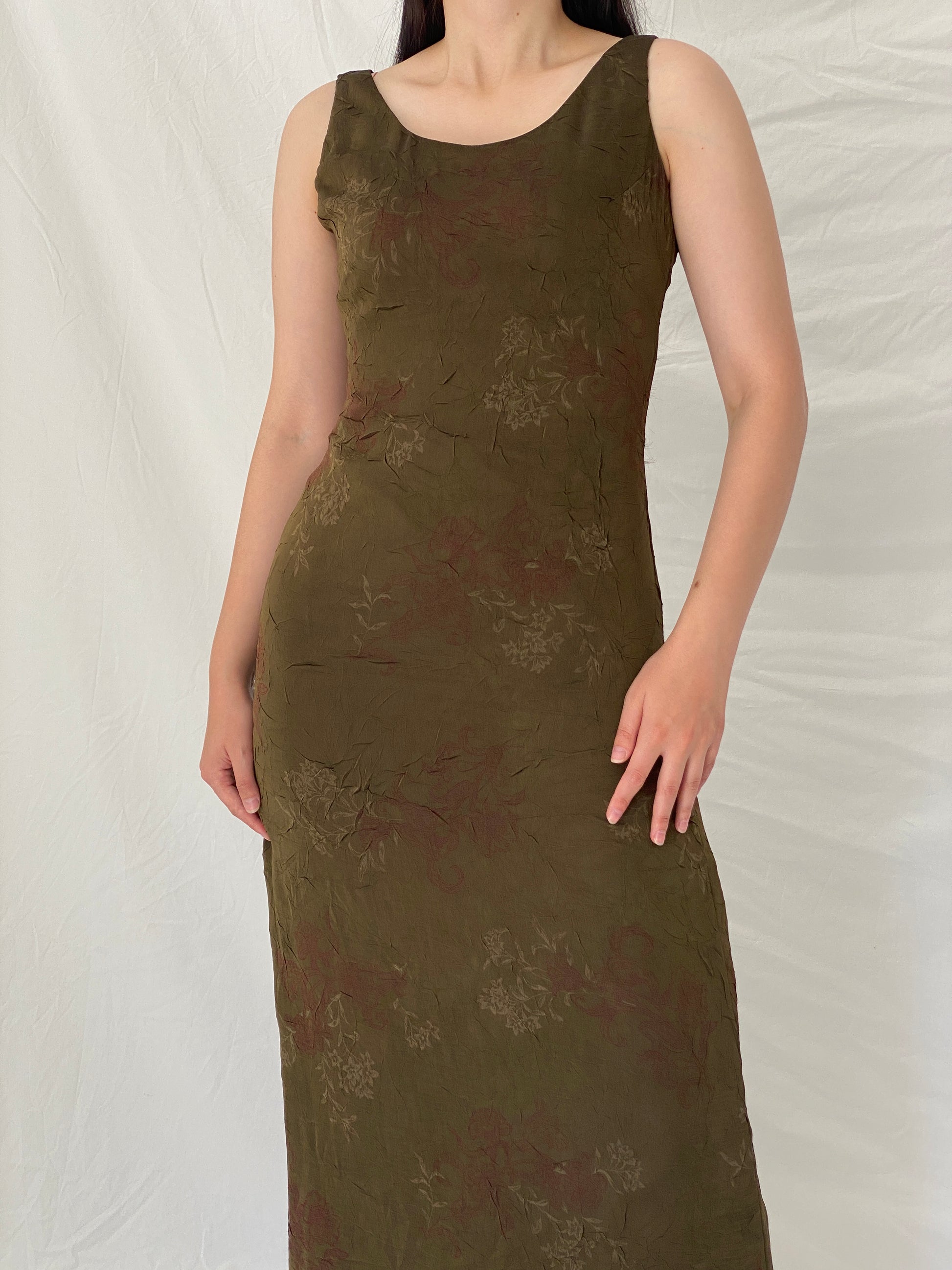 Vintage Y2K Jones Wear Olive Floral Crinkle Maxi Dress - S Vintage Y2K Jones Wear Olive Floral Crinkle Maxi Dress - S