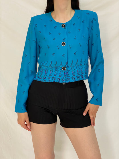 Vintage 90s Leslie Fay Blue Floral Cropped Light Evening Blazer – M