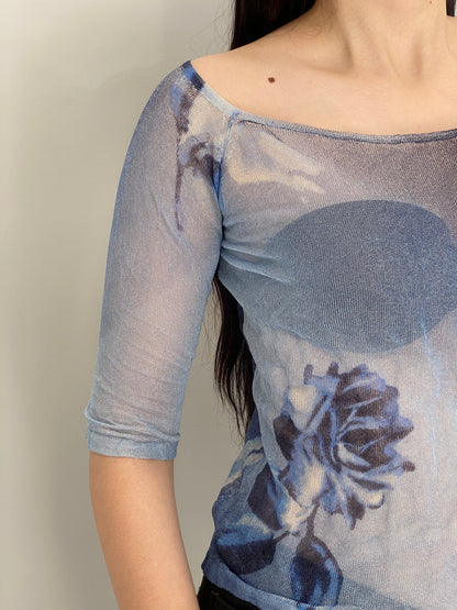 Vintage Y2K Angelo Marani Blue Sheer Floral Mesh Top - S