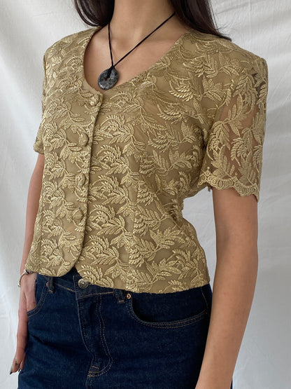 90s DETAIL Premium Collection Gold Floral Lace Short Sleeve Blazer Shirt - L