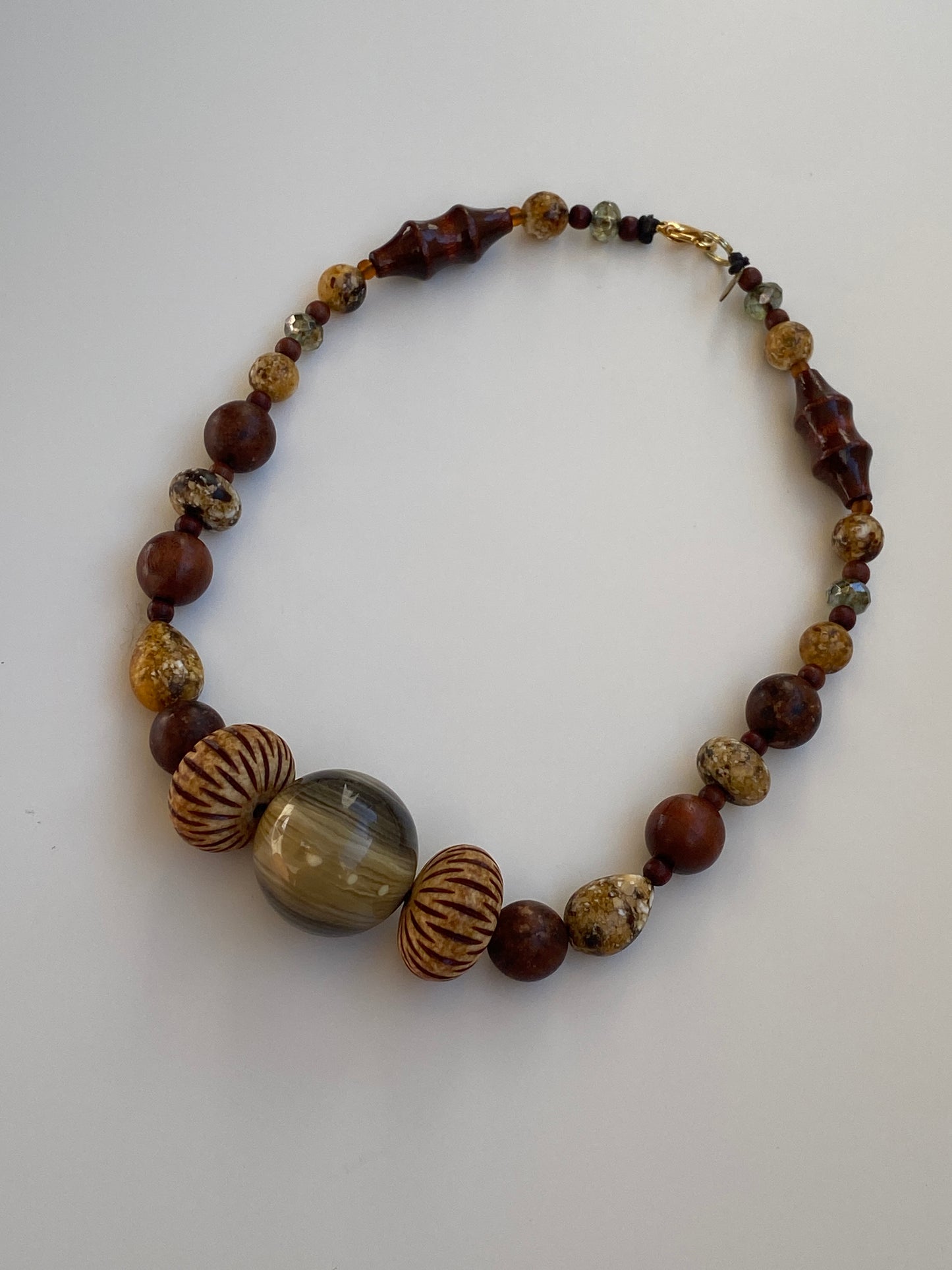 Vintage Teresa Goodall Brown Wood Art Glass Chunky Beaded Necklace