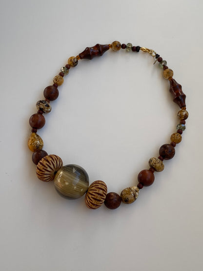 Vintage Teresa Goodall Brown Wood Art Glass Chunky Beaded Necklace
