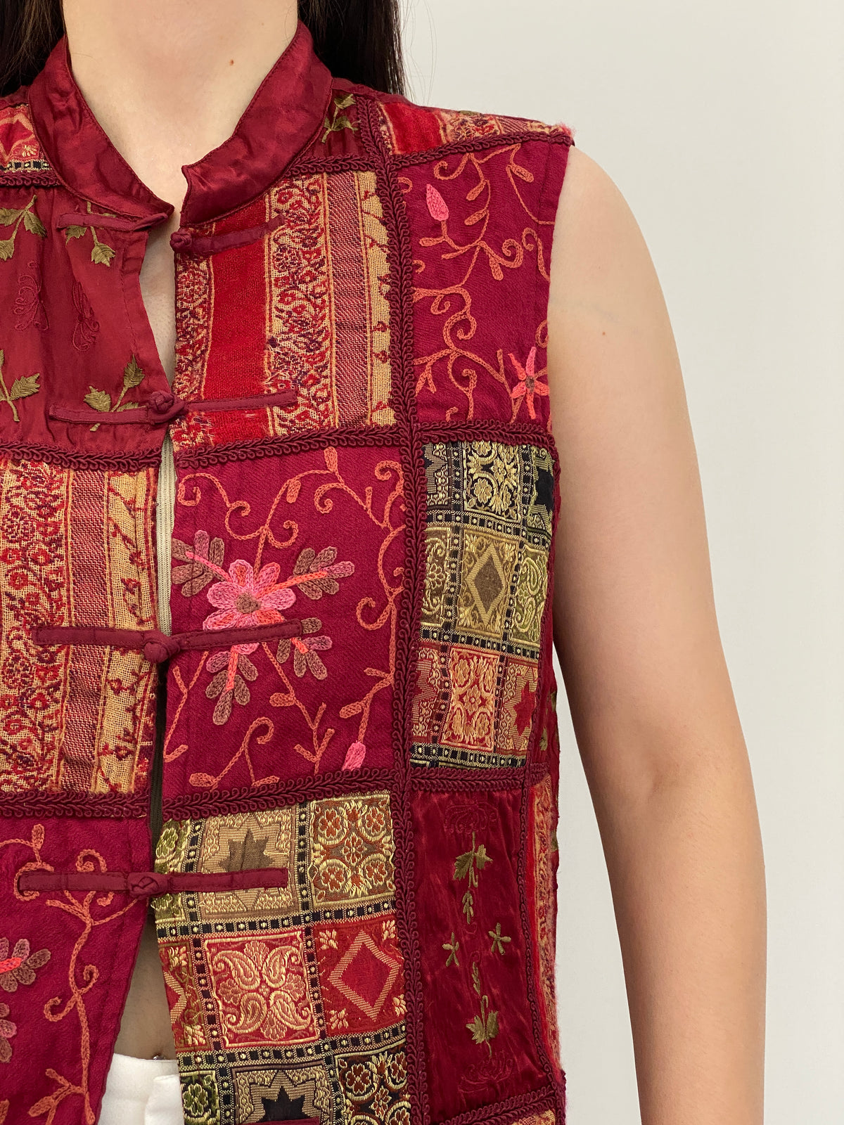 Vintage 90s Coldwater Creek Burgundy Patchwork Embroidered Vest - M