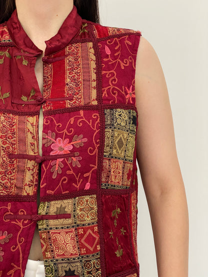 Vintage 90s Coldwater Creek Burgundy Patchwork Embroidered Vest - M