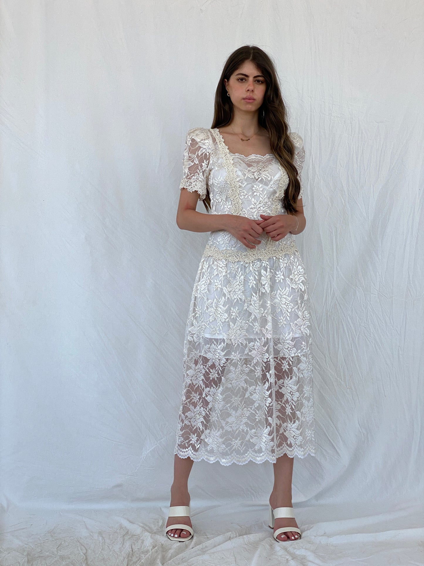 Vintage 1980‘s Art Deco Floral Lace Midi Dress - S