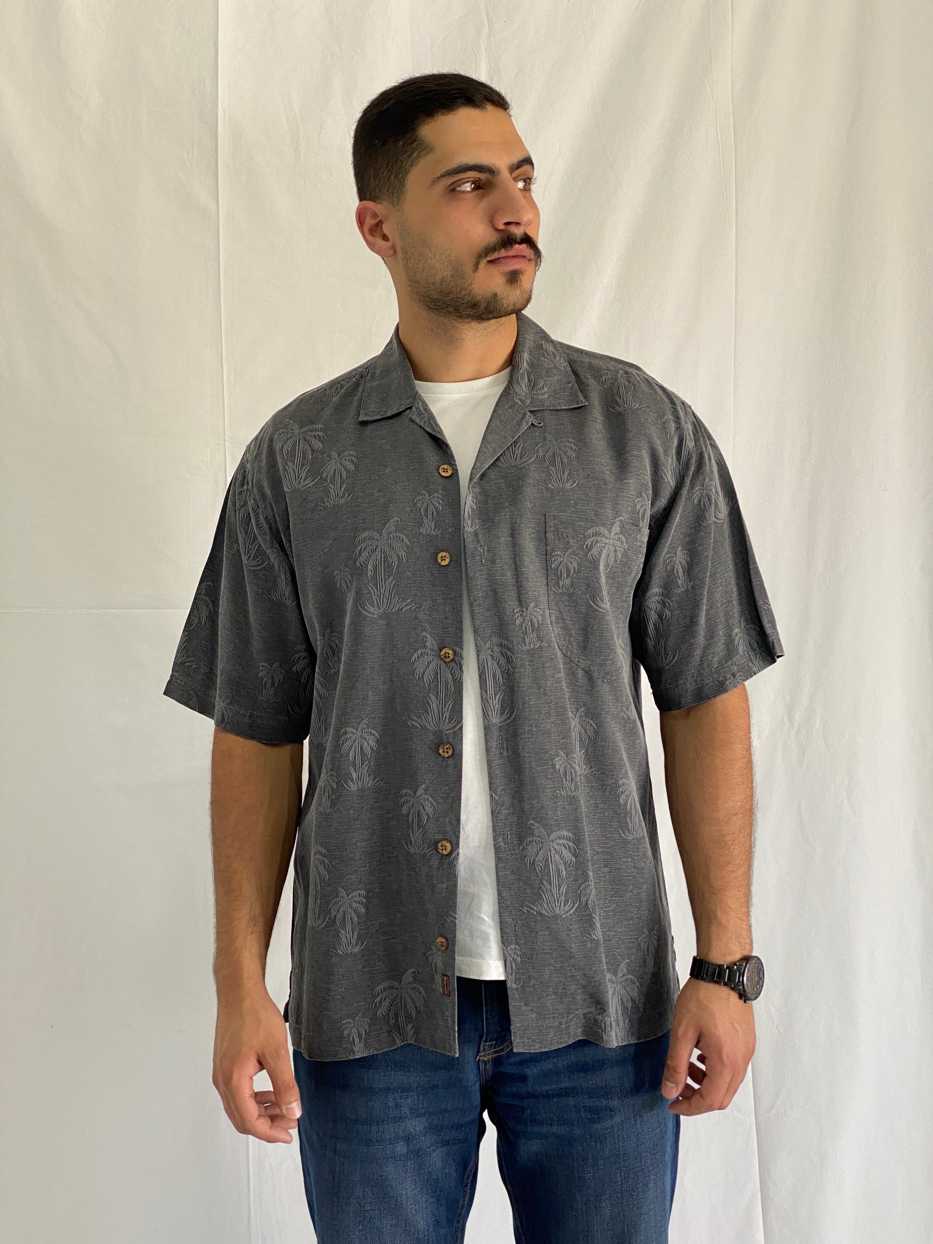 Tommy Bahama Charcoal Palm Tree Silk Men’s Button-Up Short Sleeve Shirt - M
