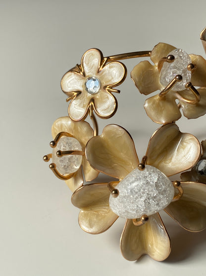 Vintage Floral Statement Bracelet with Enamel Petals & Crackle Glass Stones