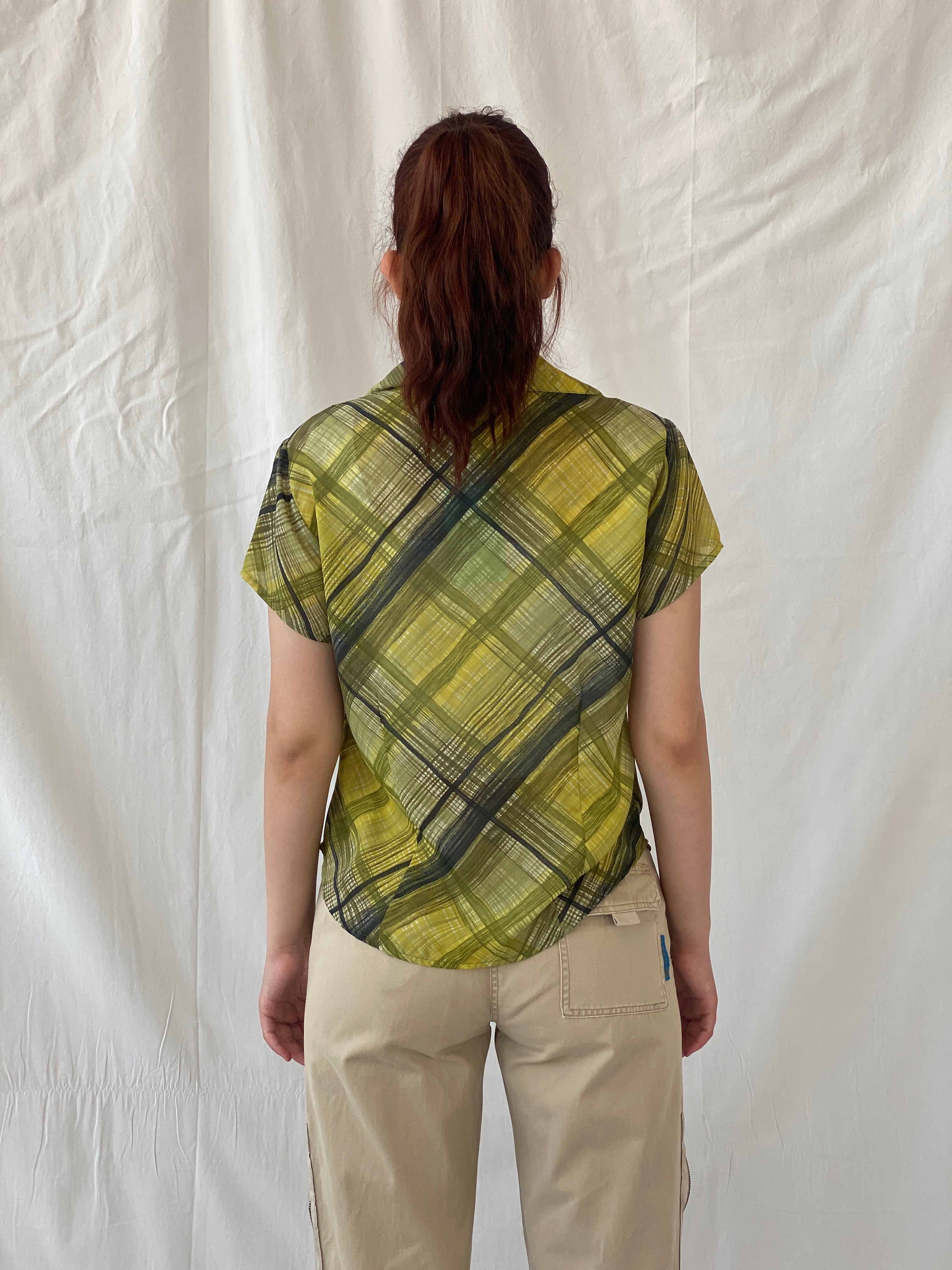 Vintage Blue Diamond Green Check Plaid Women’s Half Sleeve Shirt - M