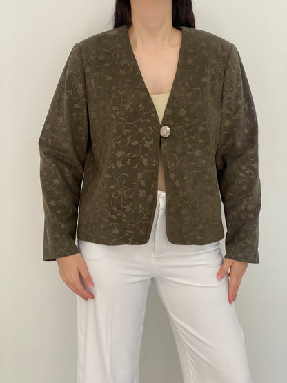 Vintage 90s Handmade Olive Green Floral Jacquard Single Button Blazer – L