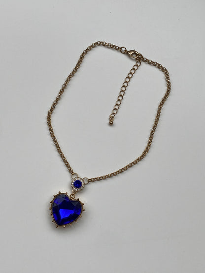 Vintage Gold Tone Royal Blue Heart Pendant Necklace with Rhinestones – Statement Charm