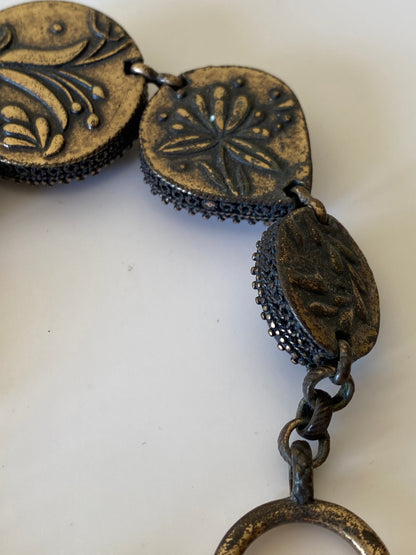 Vintage Lucky Brand Boho Wood & Brass Bracelet Toggle Clasp Ethnic Statement Jewelry