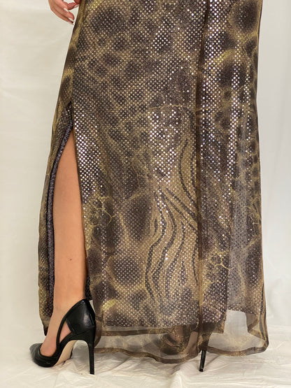 Vintage Betsy & Adam Metallic Animal Print Maxi Gown Sequin Mesh Overlay 90s Y2K Evening Dress - L