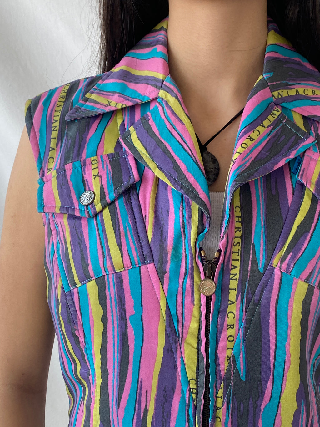 90s Vintage Christian Lacroix Fitted Zip Down Multicolored Vest - L
