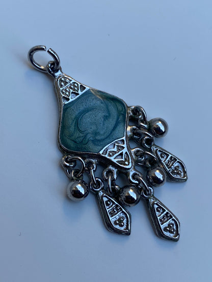 Vintage Silver Tone Green Art Glass Dangle Pendant - Boho Tribal Charm Necklace Pendant