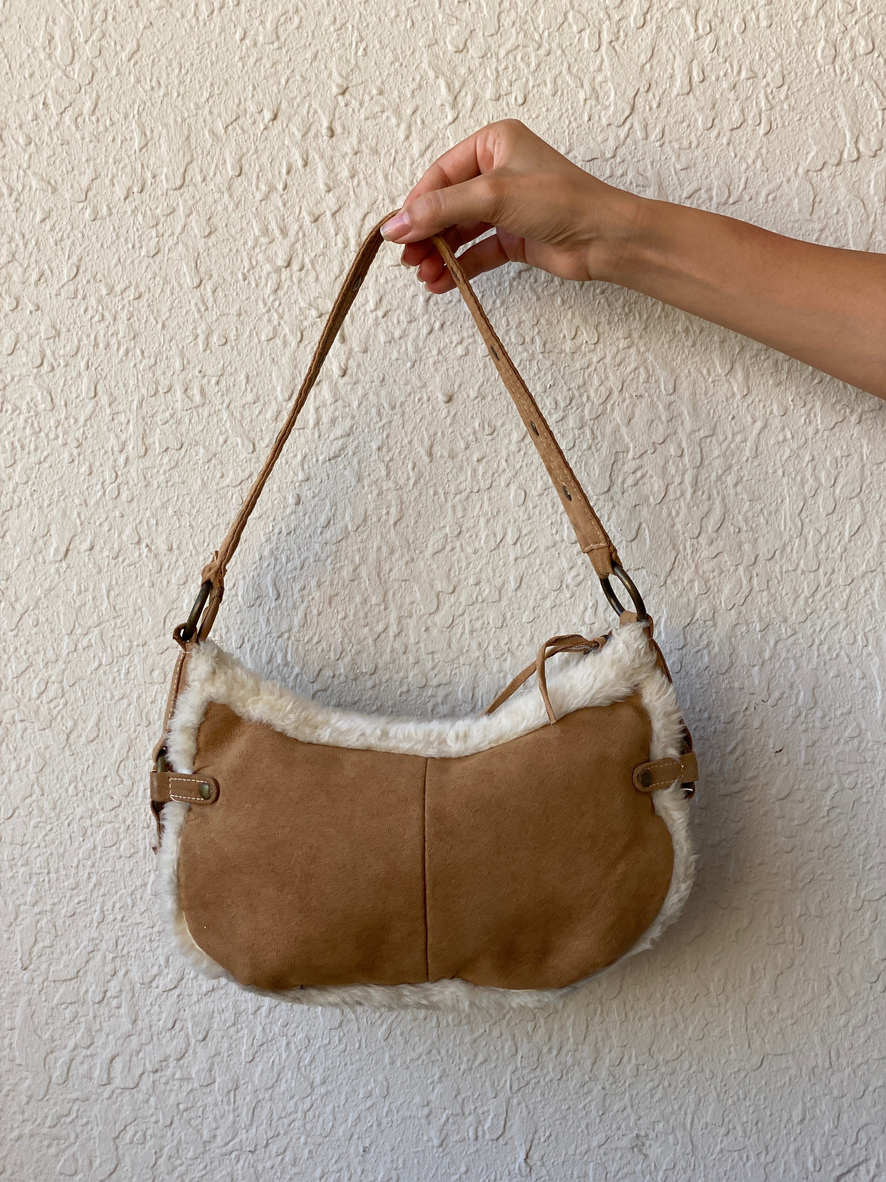 Y2K Shearling Brown Shoulder Bag with Fuzzy Trim & Stud Details Purse