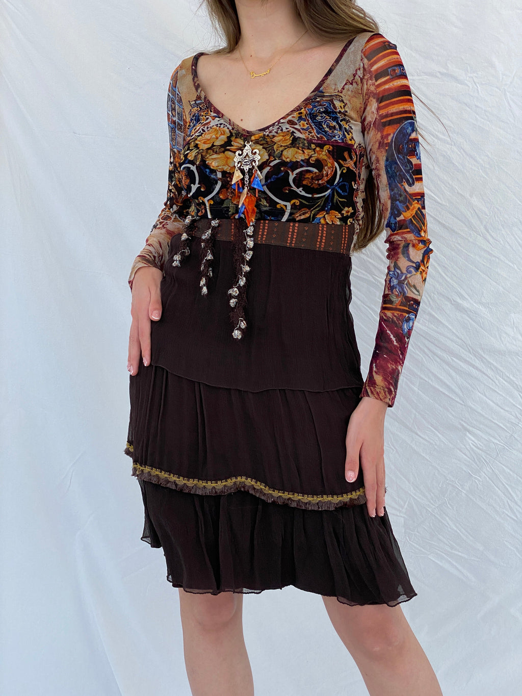 Statement Save The Queen Printed Brown Tulle-Ruffled Midi Dress - M