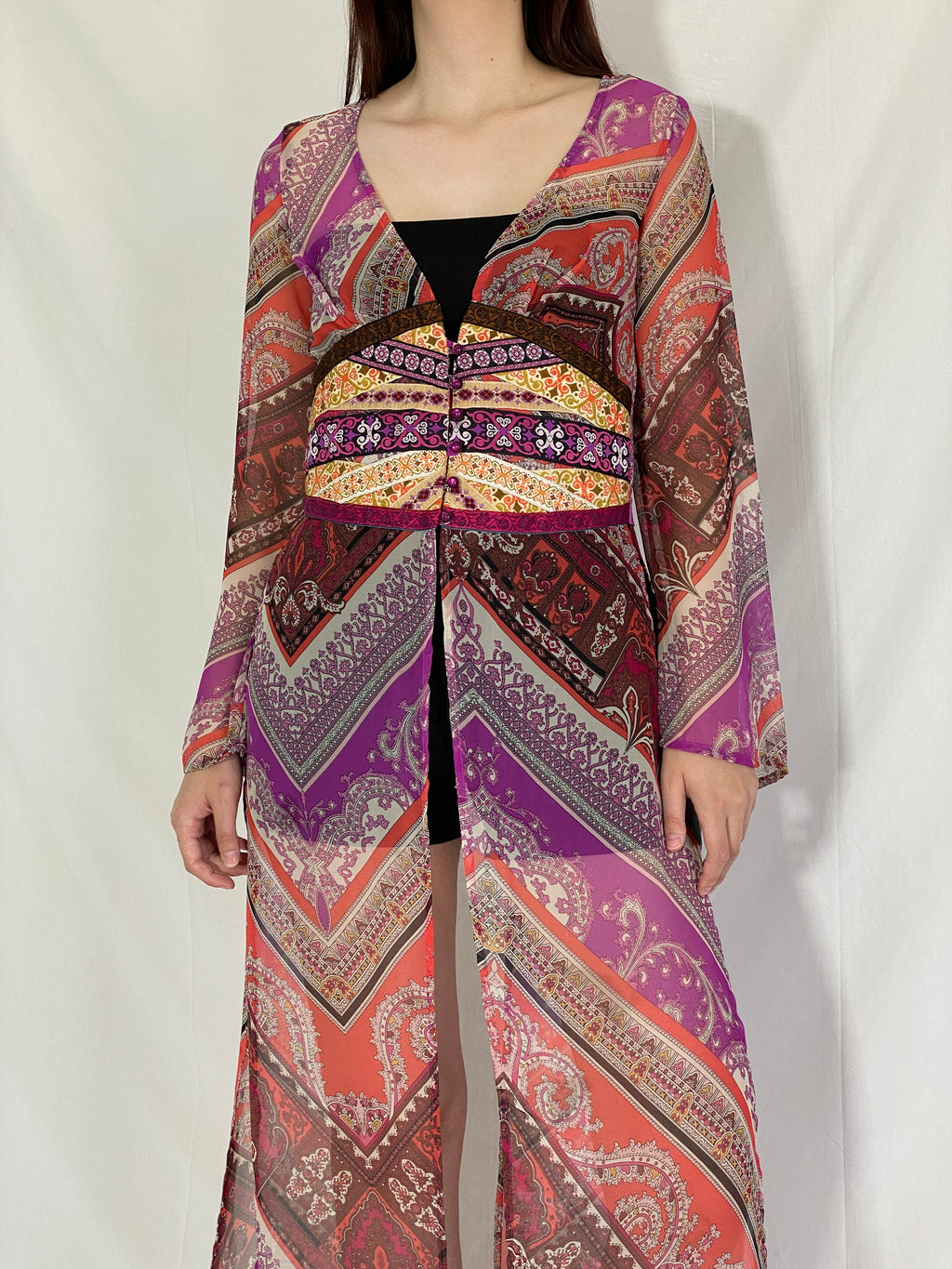 Vintage Mazzie Gold by Meghan Noland Boho Sheer Maxi Dress Top with Festival Print & Side Slits – M