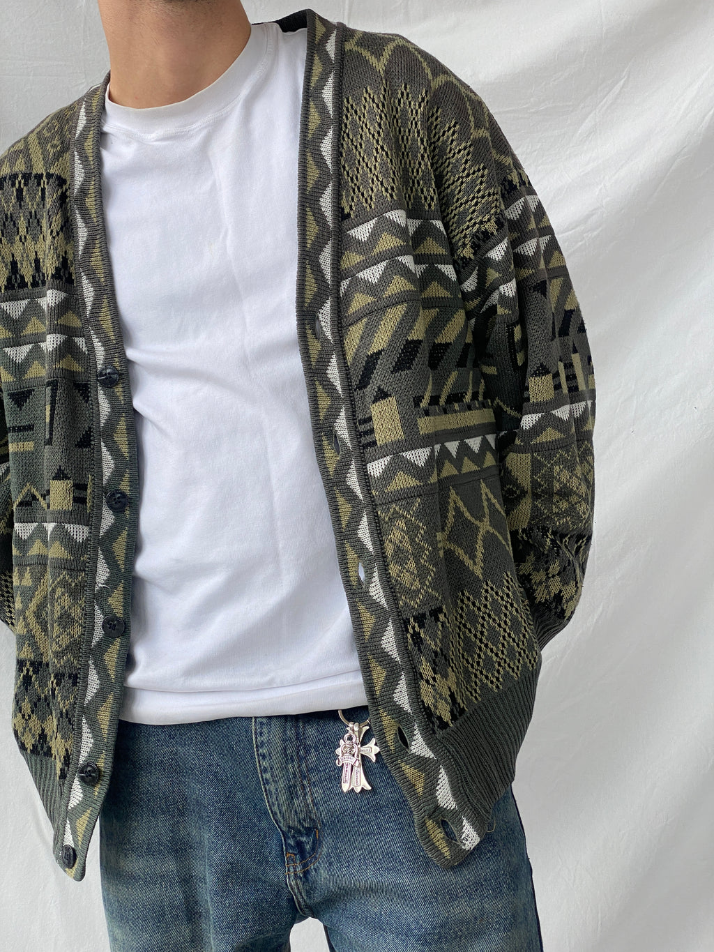 Vintage Geometric Print Men’s Cardigan Sweater - L