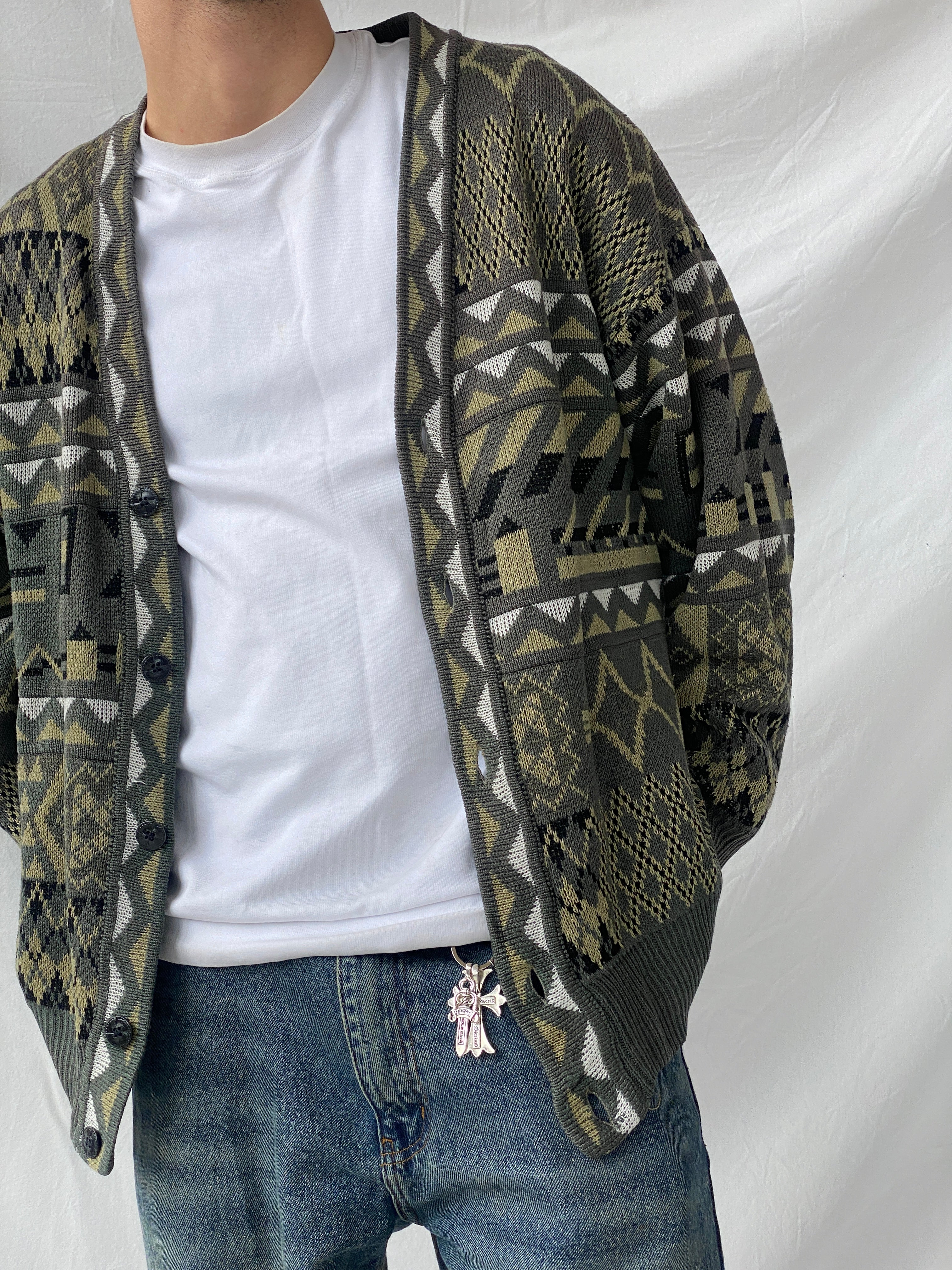 Vintage Geometric Print Men’s Cardigan Sweater - L
