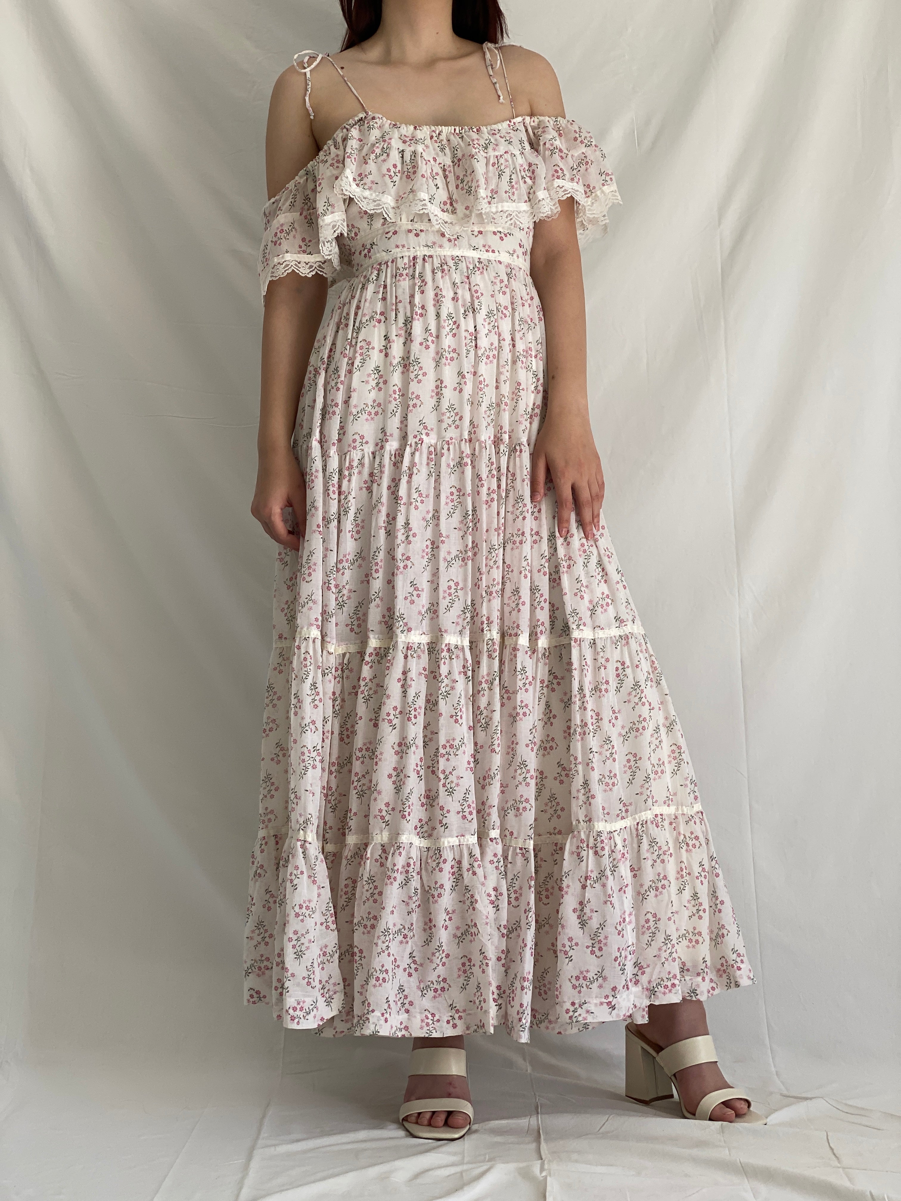 Vintage Gunne Sax by Jessica San Francisco Floral Cottagecore Maxi Dress Off Shoulder Ruffle Lace Prairie Gown - M