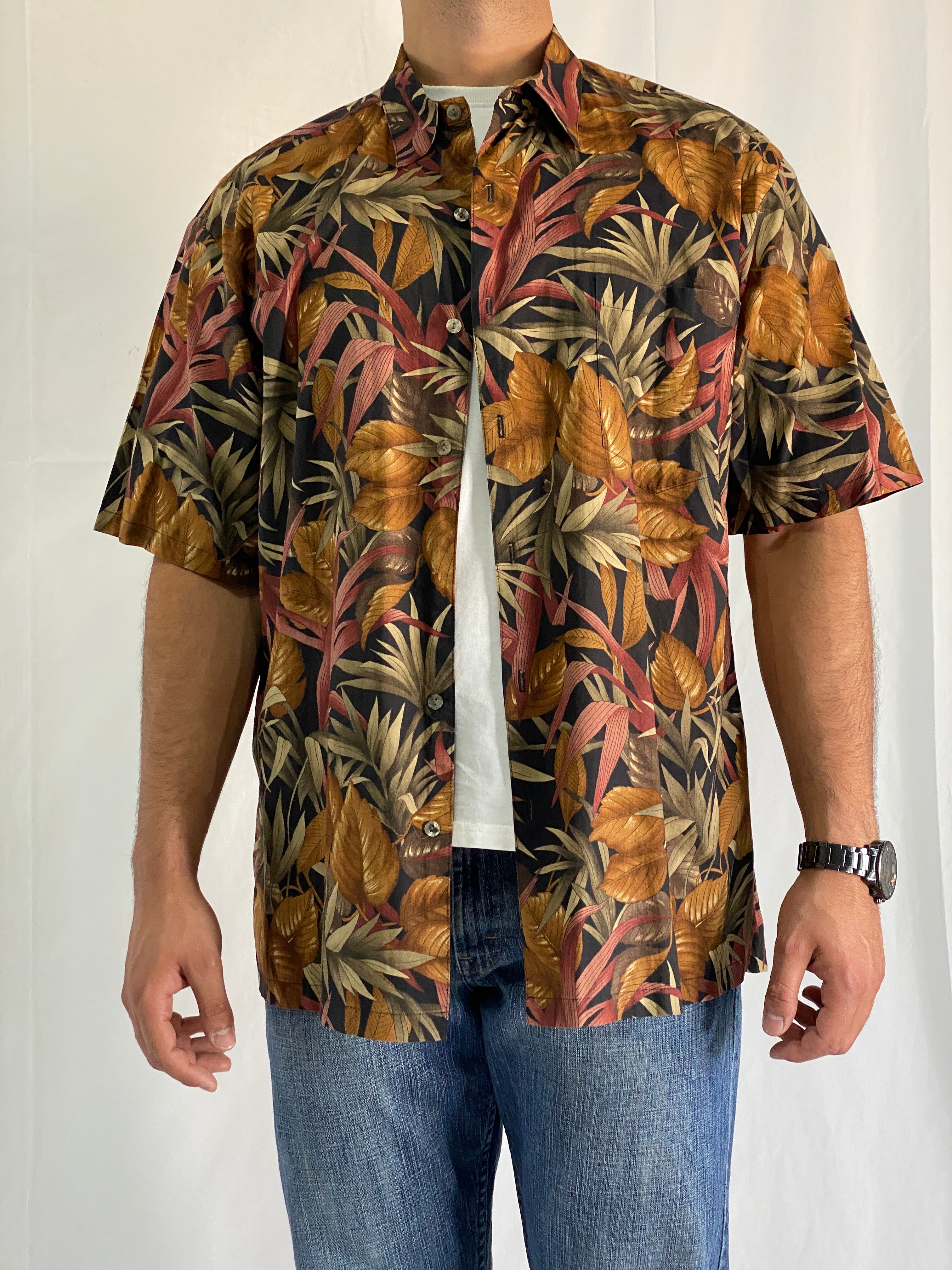 Vintage Tori Richard Cotton Lawn Hawaiian Tropical Leaf Print Men’s Shirt - 2XL
