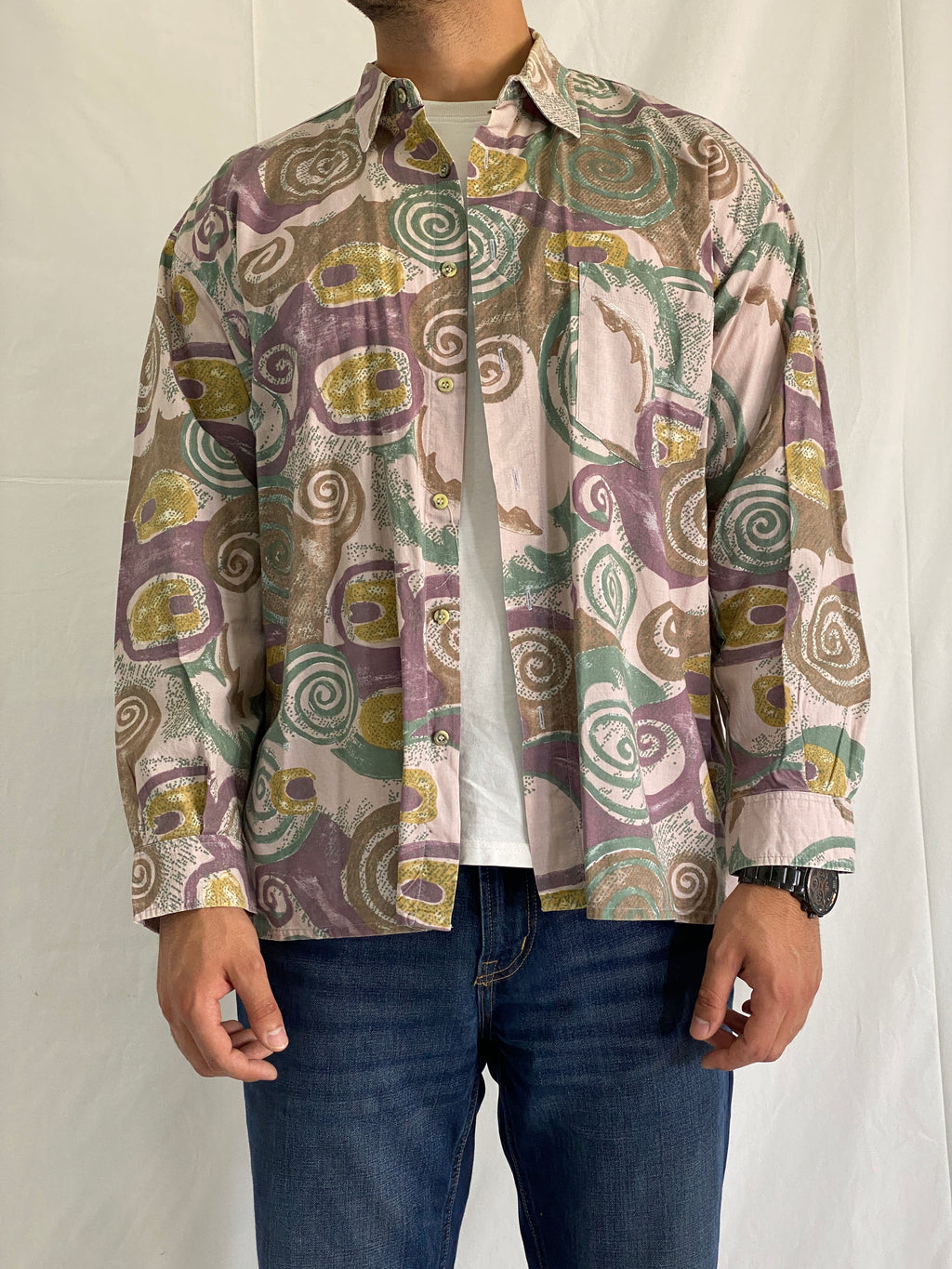 Vintage John F. Gee 90s Abstract Swirl Men’s Long Sleeve Shirt – XL