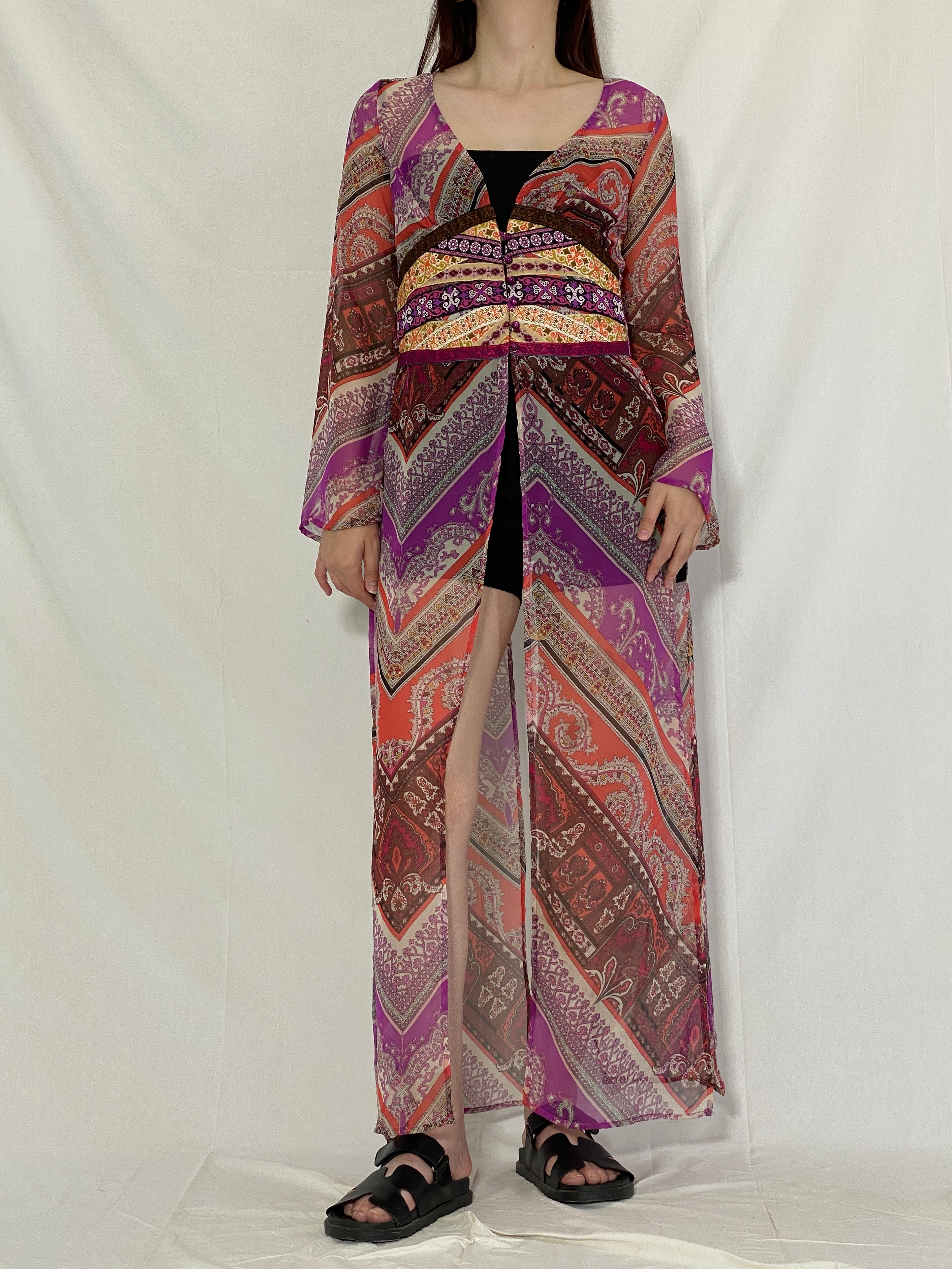 Vintage Mazzie Gold by Meghan Noland Boho Sheer Maxi Dress Top with Festival Print & Side Slits – M