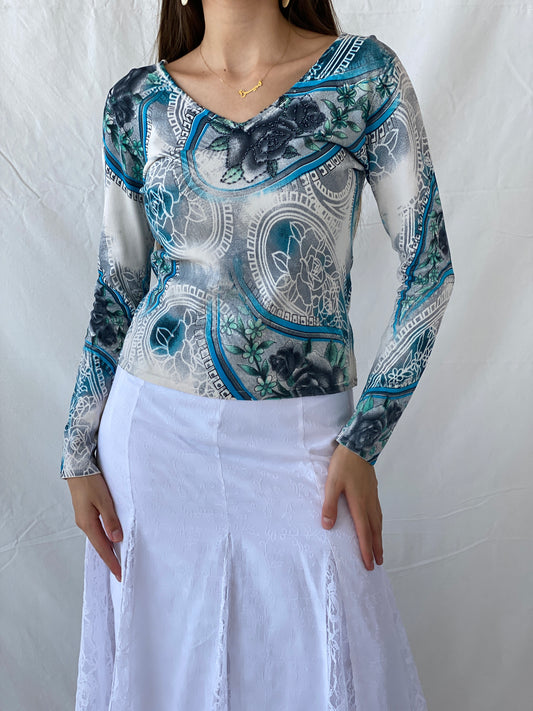 Vintage New Sensation Beaded Blue Floral Long Sleeve Top - L