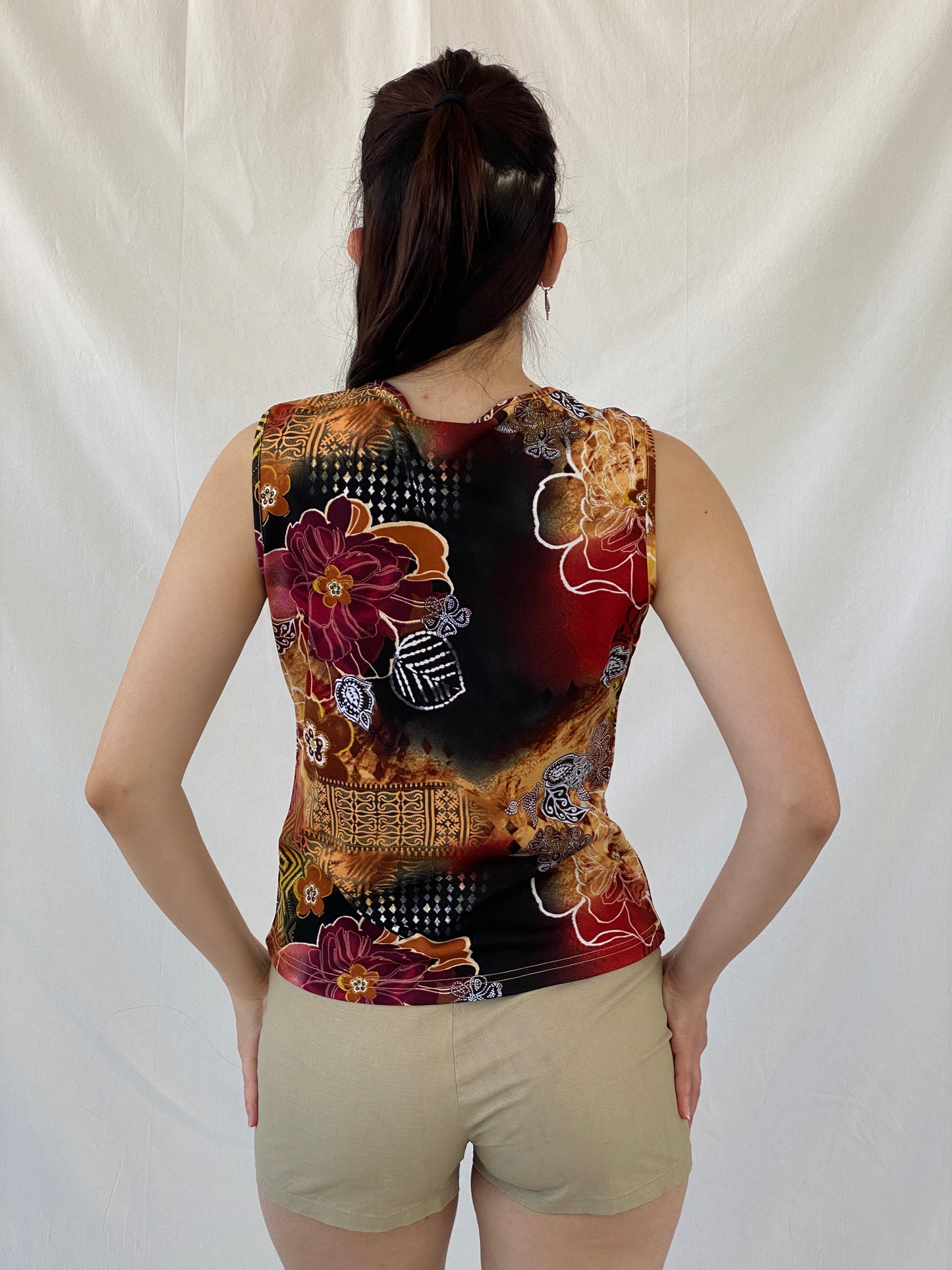 00s Y2K Biaggini Floral V-Neck Sleeveless Top - L