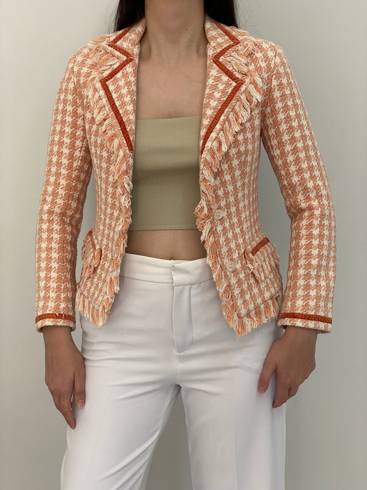Vintage Y2K Laforet Collection Peach & Cream Houndstooth Fringe Tweed Blazer - XS