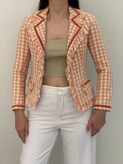 Vintage Y2K Laforet Collection Peach & Cream Houndstooth Fringe Tweed Blazer - XS