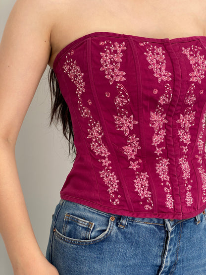 Vintage Y2K KRISP Cotton Embroidered Lace-Up Corset Top - M